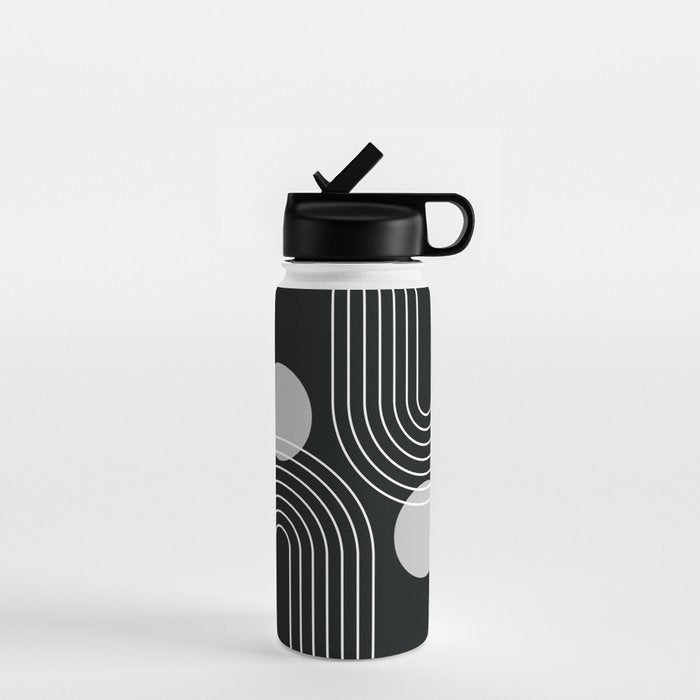 Mid Century Modern Geometric 109 in Black and White (Rainbow and Sun Abstraction) Water Bottle Gallery Image 1