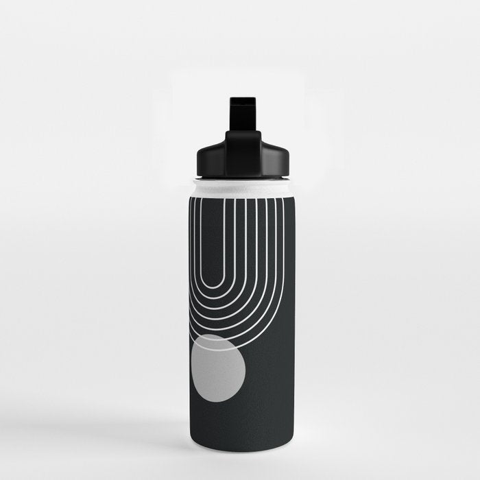 Mid Century Modern Geometric 109 in Black and White (Rainbow and Sun Abstraction) Water Bottle Gallery Image 2