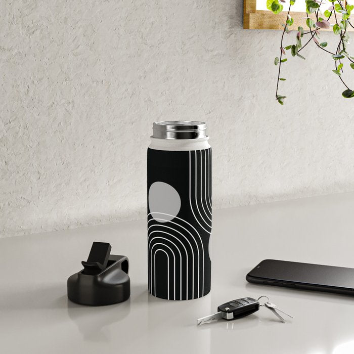 Mid Century Modern Geometric 109 in Black and White (Rainbow and Sun Abstraction) Water Bottle Gallery Image 4