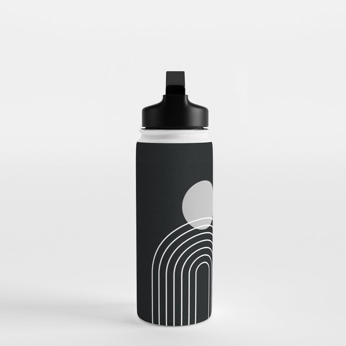 Mid Century Modern Geometric 109 in Black and White (Rainbow and Sun Abstraction) Water Bottle Gallery Image 3