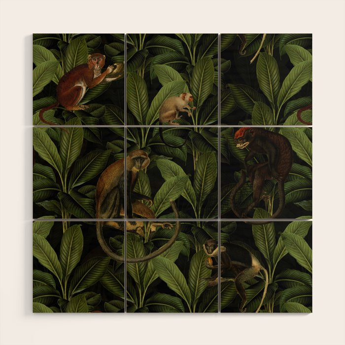 Monkey Vintage Botanical Night Jungle Garden Wood Wall Art Gallery Image 1