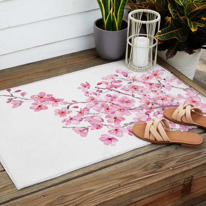 pink cherry blossom watercolor 2020 Outdoor Rug Gallery Image 2