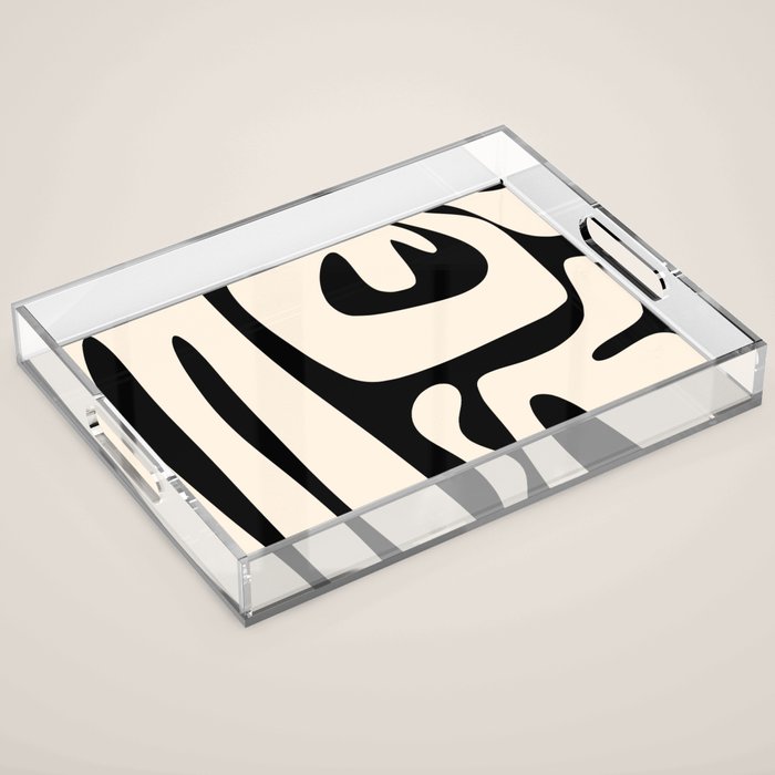 Mid Century Modern Abstract Kwaito Pattern in Black and Cream Acrylic Tray Gallery Image 1