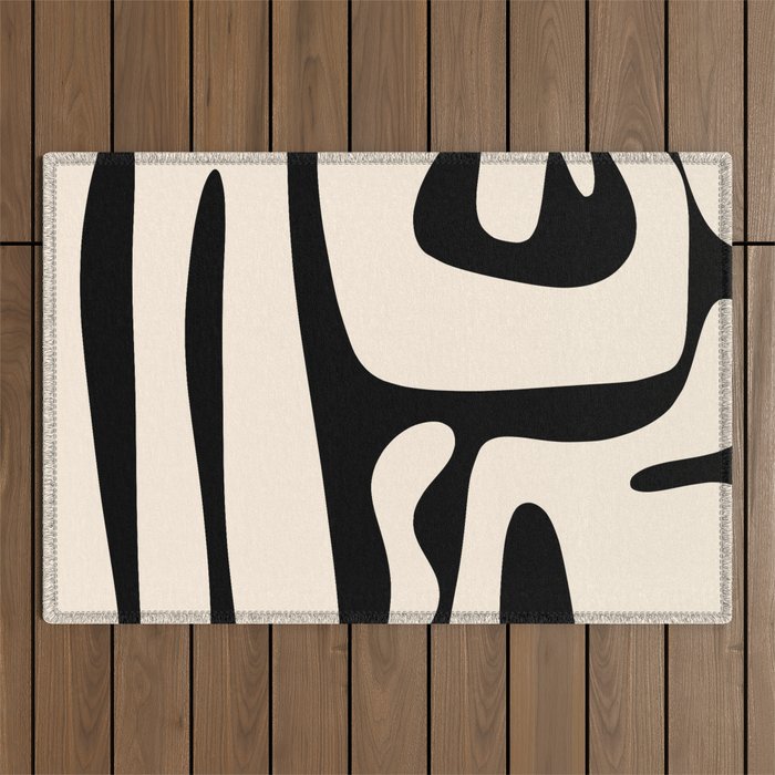 Mid Century Modern Abstract Kwaito Pattern in Black and Cream Outdoor Rug Gallery Image 1