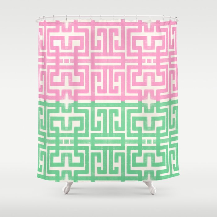 Geometric Maze Pattern in Pink and Green Shower Curtain Gallery Image 1
