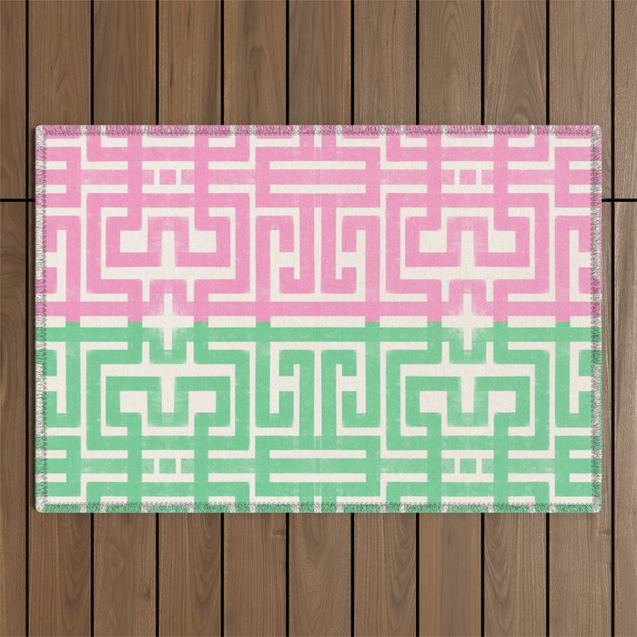 Geometric Maze Pattern in Pink and Green Outdoor Rug Gallery Image 1