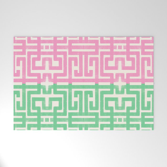 Geometric Maze Pattern in Pink and Green Welcome Mat Gallery Image 1
