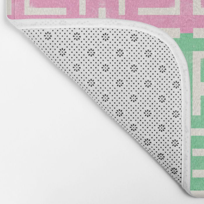 Geometric Maze Pattern in Pink and Green Bath Mat Gallery Image 2