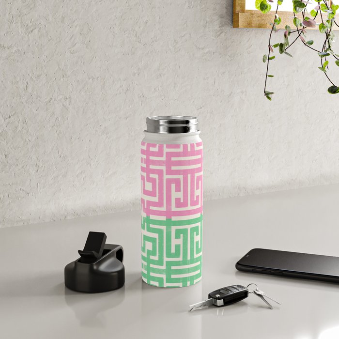 Geometric Maze Pattern in Pink and Green Water Bottle Gallery Image 4