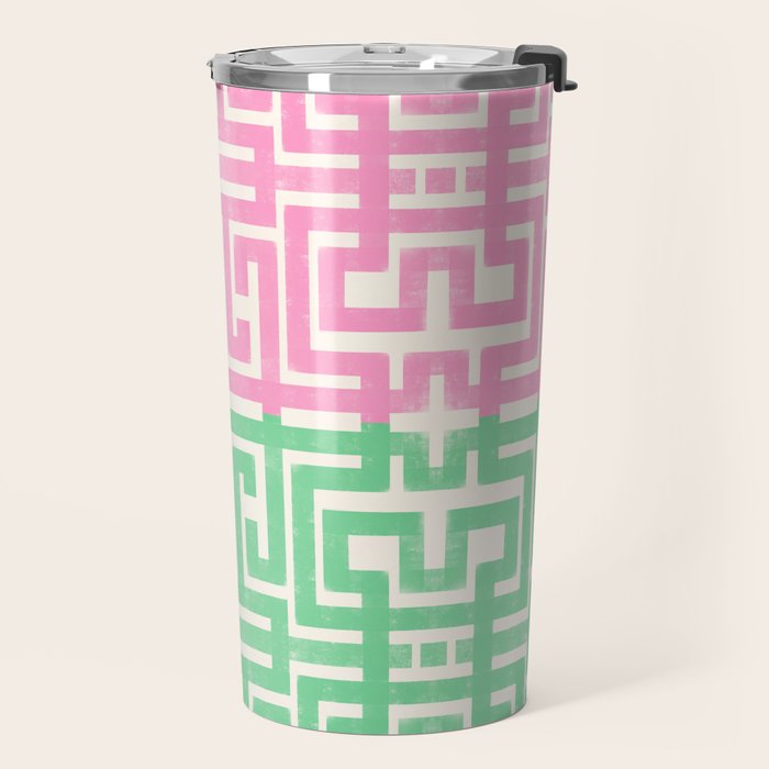 Geometric Maze Pattern in Pink and Green Travel Mug Gallery Image 2