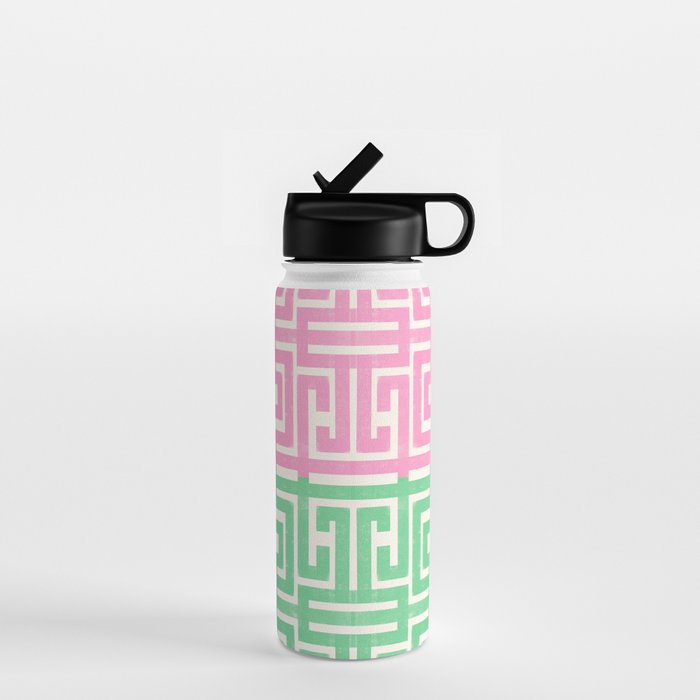 Geometric Maze Pattern in Pink and Green Water Bottle Gallery Image 1
