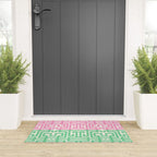 Geometric Maze Pattern in Pink and Green Welcome Mat Gallery Image 3