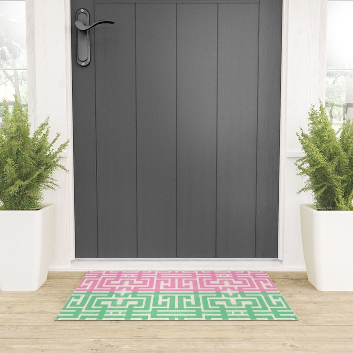 Geometric Maze Pattern in Pink and Green Welcome Mat Gallery Image 3