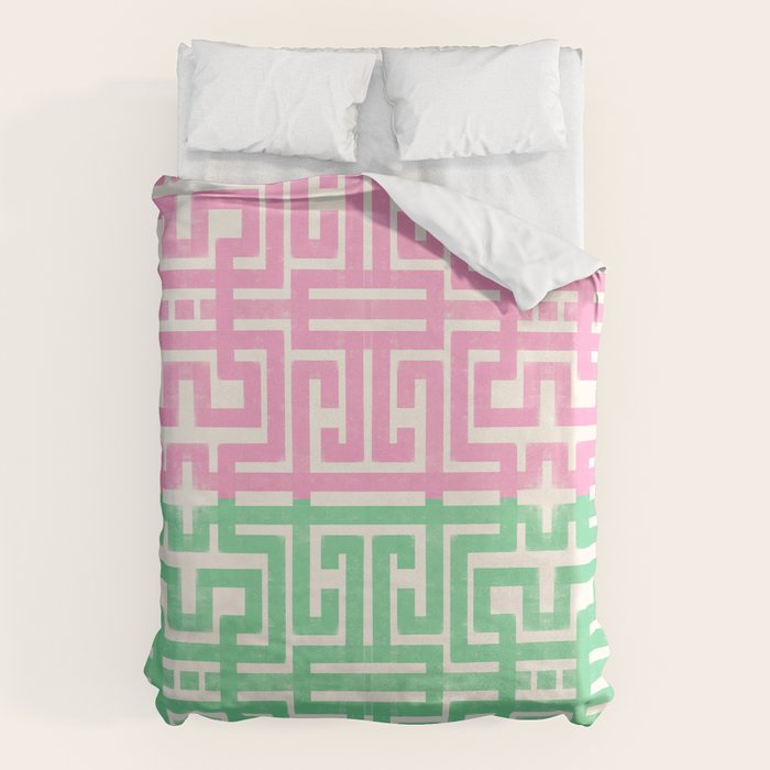 Geometric Maze Pattern in Pink and Green Duvet Cover Gallery Image 1