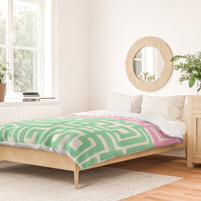 Geometric Maze Pattern in Pink and Green Duvet Cover Gallery Image 2