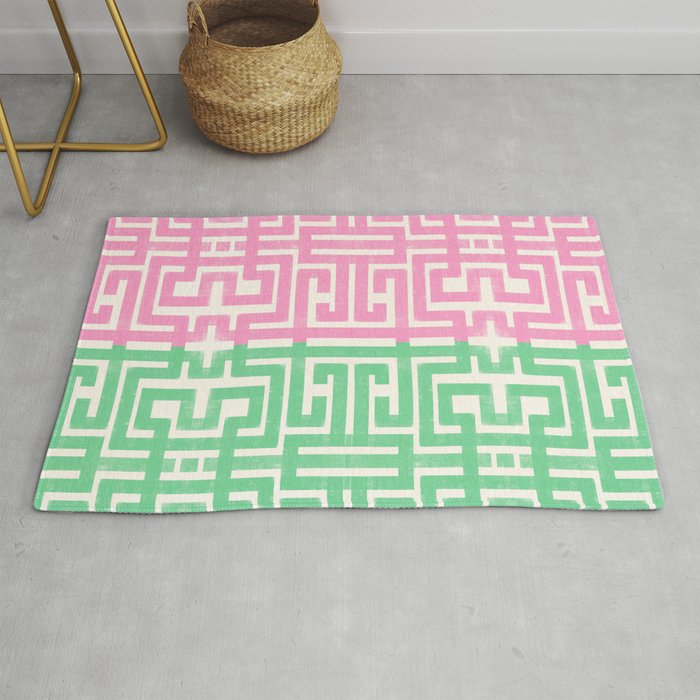Geometric Maze Pattern in Pink and Green Rug Gallery Image 1