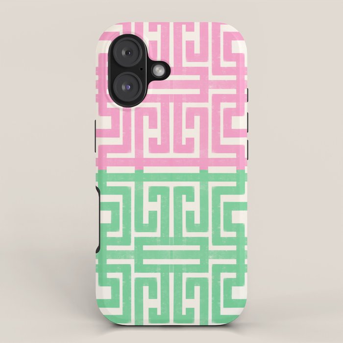 Geometric Maze Pattern in Pink and Green iPhone Case Gallery Image 1