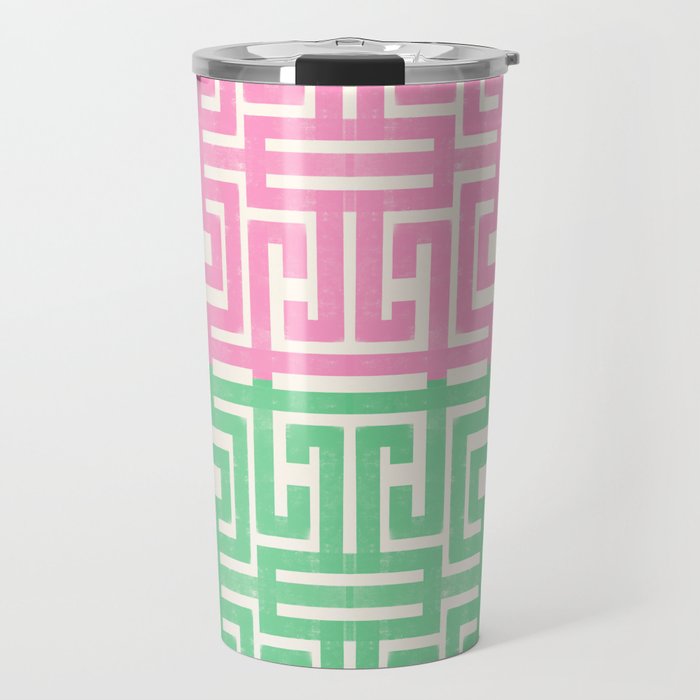 Geometric Maze Pattern in Pink and Green Travel Mug Gallery Image 1