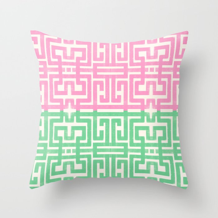 Geometric Maze Pattern in Pink and Green Throw Pillow Gallery Image 1