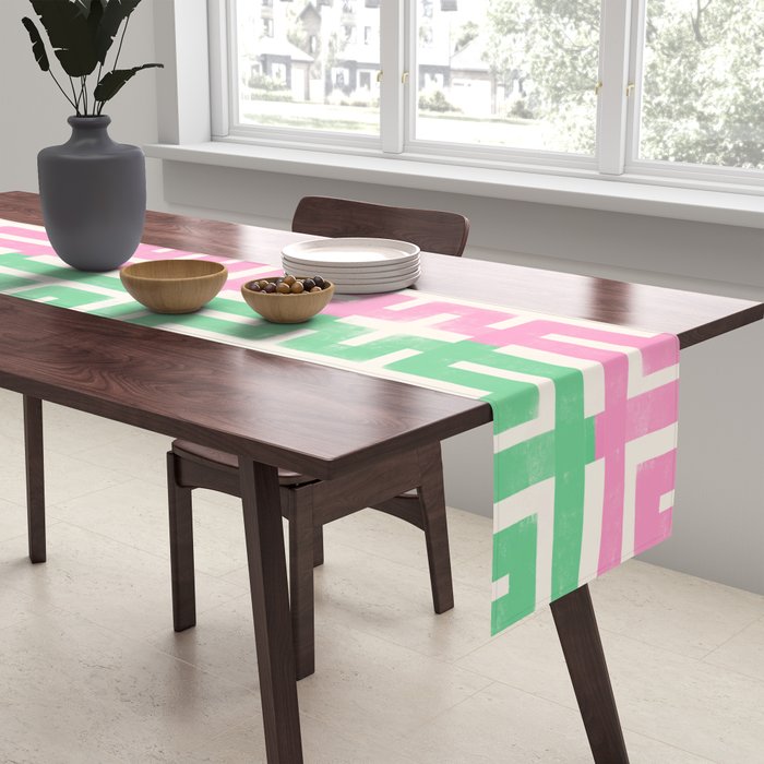 Geometric Maze Pattern in Pink and Green Table Runner Gallery Image 2