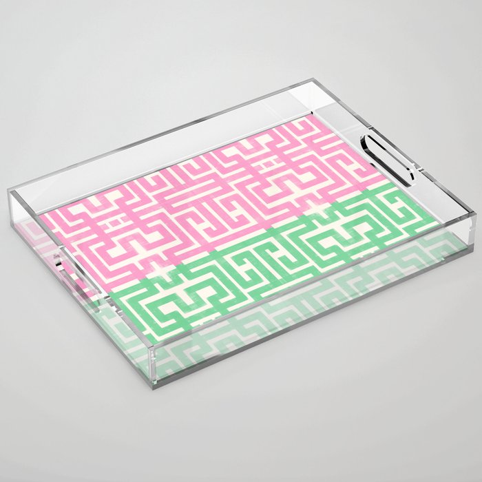 Geometric Maze Pattern in Pink and Green Acrylic Tray Gallery Image 1
