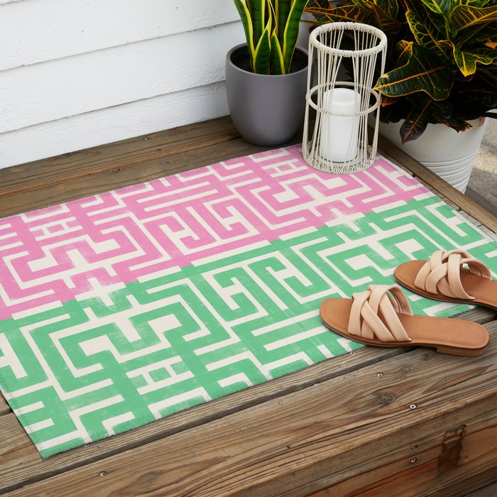 Geometric Maze Pattern in Pink and Green Outdoor Rug Gallery Image 2