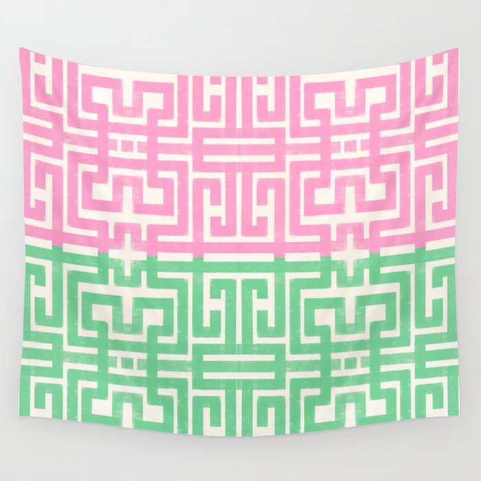 Geometric Maze Pattern in Pink and Green Wall Tapestry Gallery Image 4