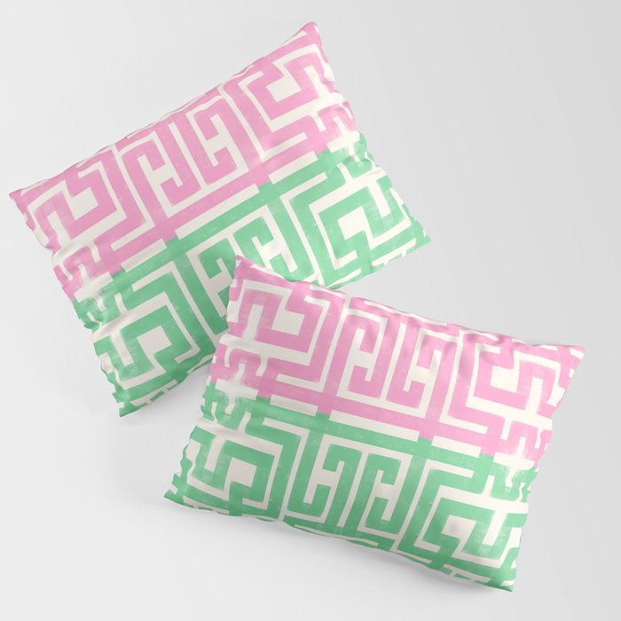 Geometric Maze Pattern in Pink and Green Pillow Sham Gallery Image 1