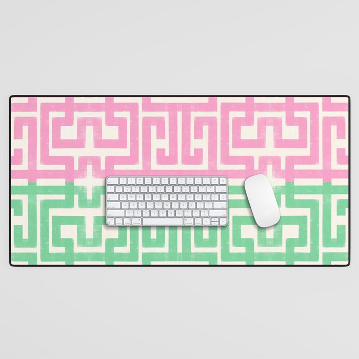 Geometric Maze Pattern in Pink and Green Desk Mat Gallery Image 1