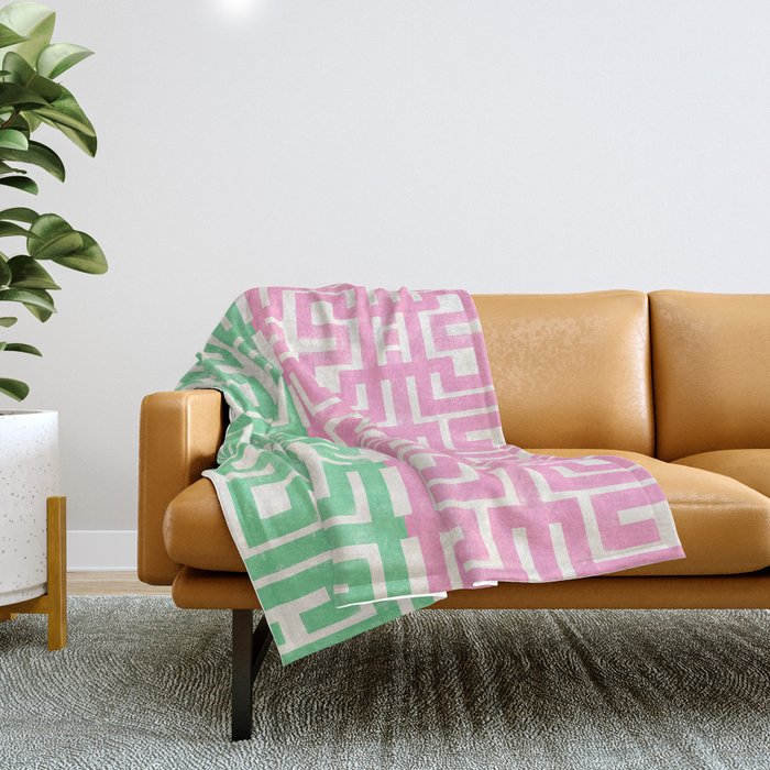 Geometric Maze Pattern in Pink and Green Throw Blanket Gallery Image 1