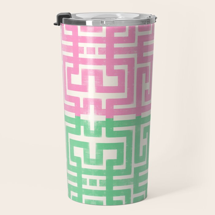 Geometric Maze Pattern in Pink and Green Travel Mug Gallery Image 3