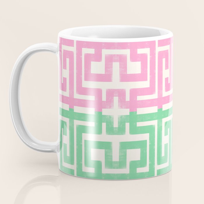 Geometric Maze Pattern in Pink and Green Coffee Mug Gallery Image 3