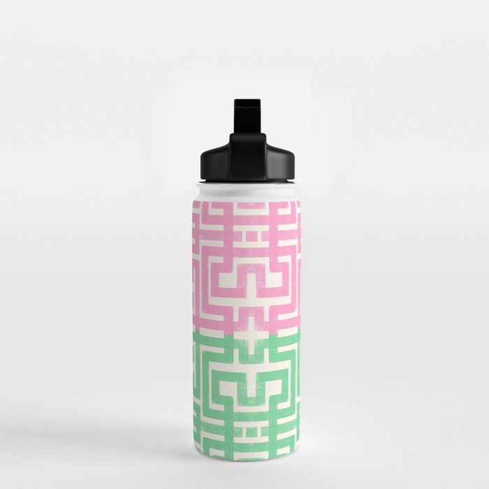 Geometric Maze Pattern in Pink and Green Water Bottle Gallery Image 2