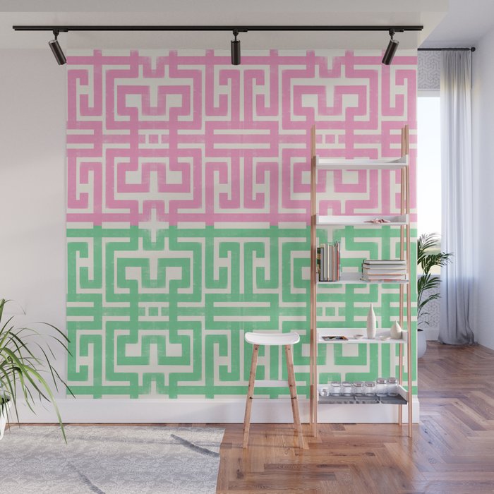Geometric Maze Pattern in Pink and Green Wall Mural Gallery Image 1