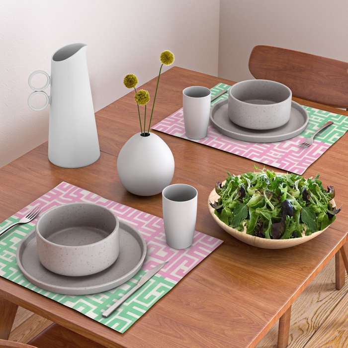 Geometric Maze Pattern in Pink and Green Placemat Gallery Image 2