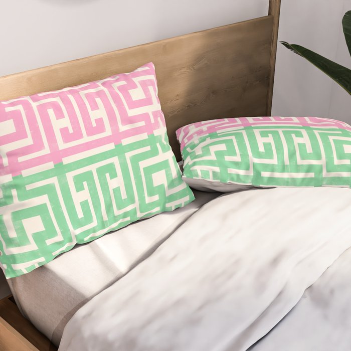 Geometric Maze Pattern in Pink and Green Pillow Sham Gallery Image 2