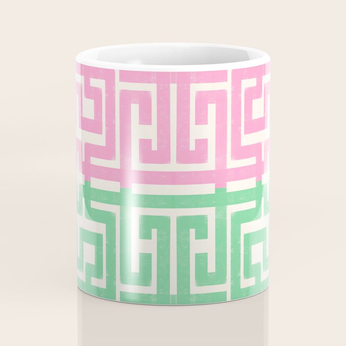 Geometric Maze Pattern in Pink and Green Coffee Mug Gallery Image 4