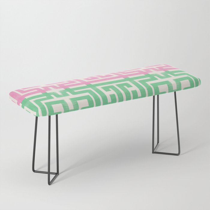 Geometric Maze Pattern in Pink and Green Bench Gallery Image 1