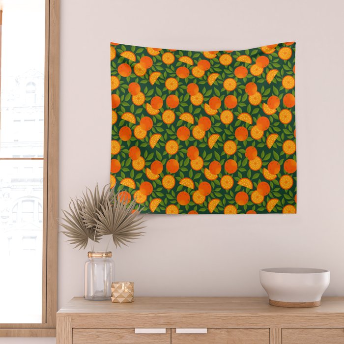 Orange Pattern on Dark Teal Wall Tapestry Gallery Image 2