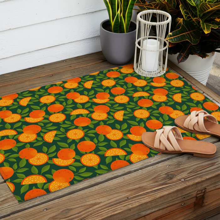 Orange Pattern on Dark Teal Outdoor Rug Gallery Image 2