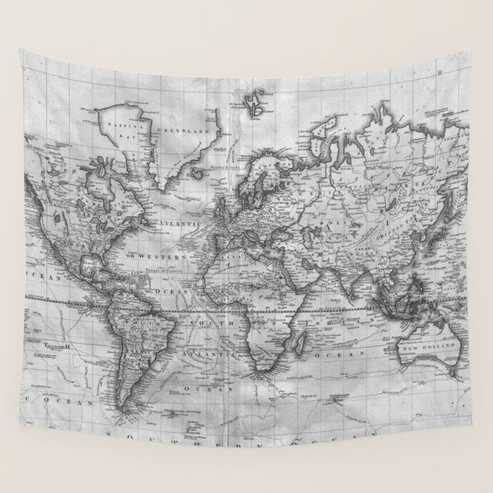 Black and White World Map (1801) Wall Tapestry Gallery Image 1