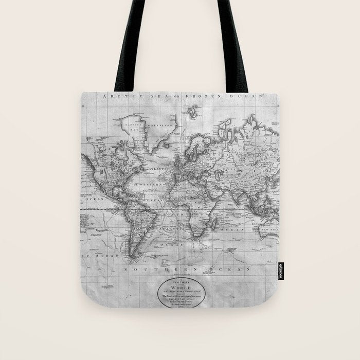 Black and White World Map (1801) Tote Bag Gallery Image 1