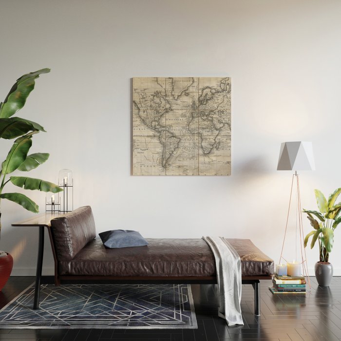 Black and White World Map (1801) Wood Wall Art Gallery Image 2