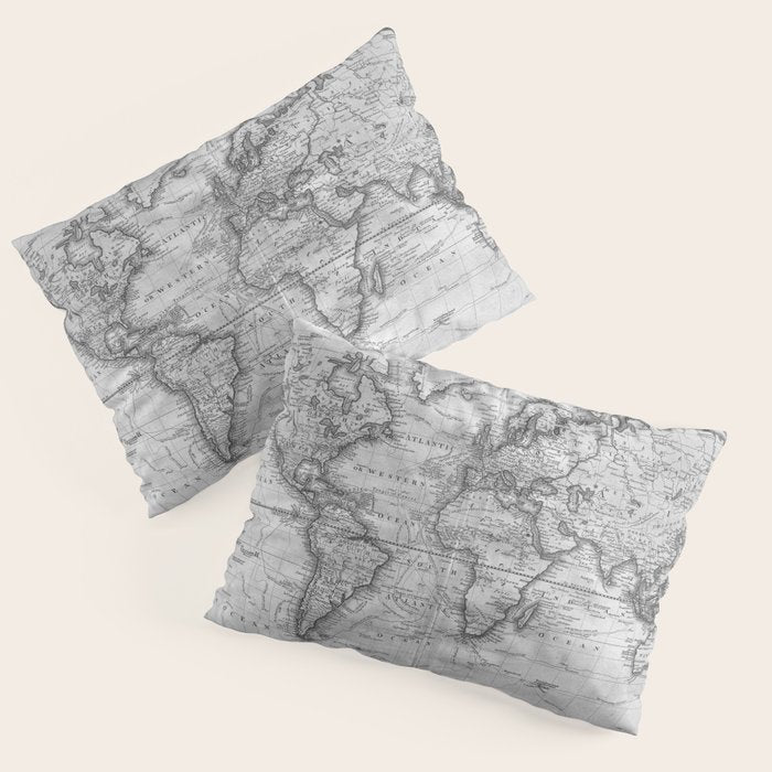 Black and White World Map (1801) Pillow Sham Gallery Image 1