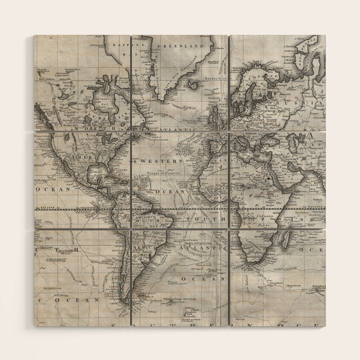 Black and White World Map (1801) Wood Wall Art Gallery Image 1