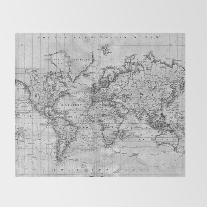 Black and White World Map (1801) Throw Blanket Gallery Image 2