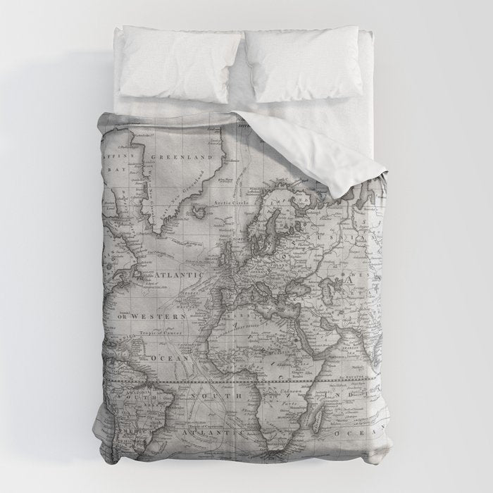 Black and White World Map (1801) Duvet Cover Gallery Image 1