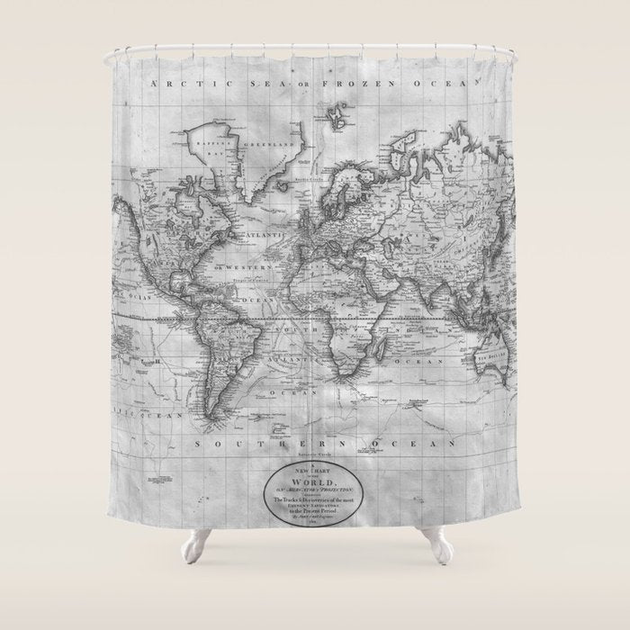Black and White World Map (1801) Shower Curtain Gallery Image 1