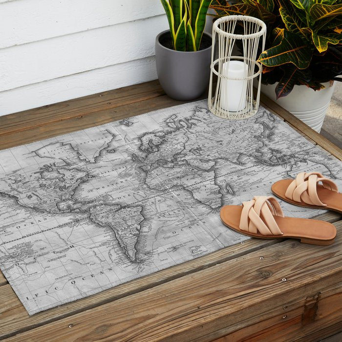 Black and White World Map (1801) Outdoor Rug Gallery Image 2