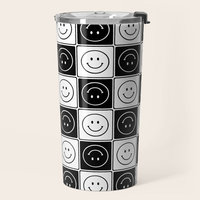 Checked Smiley Faces Pattern (Black & White) Travel Mug Gallery Image 2
